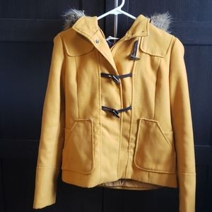 Mustard color winter coat with detachable hood